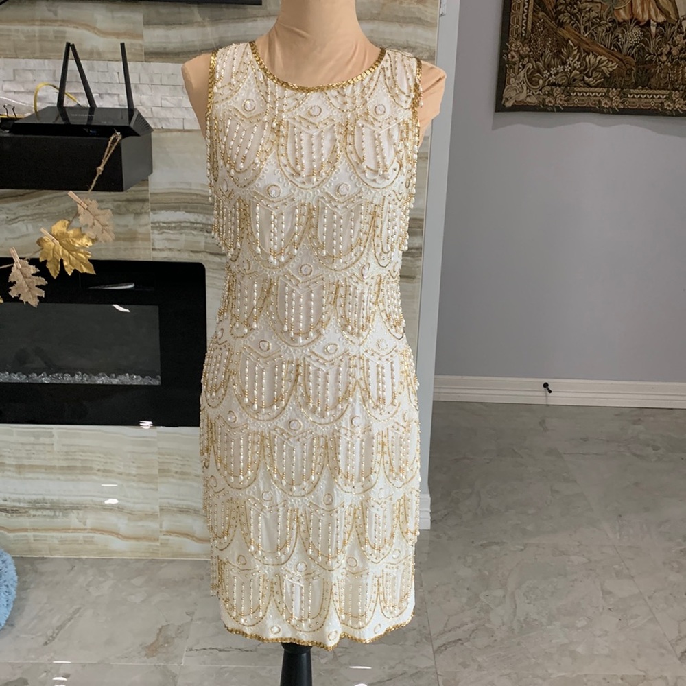 Daval Designs‎ by Samir Suri Inc Gold Beaded Tassel White Midi Dress. Size S